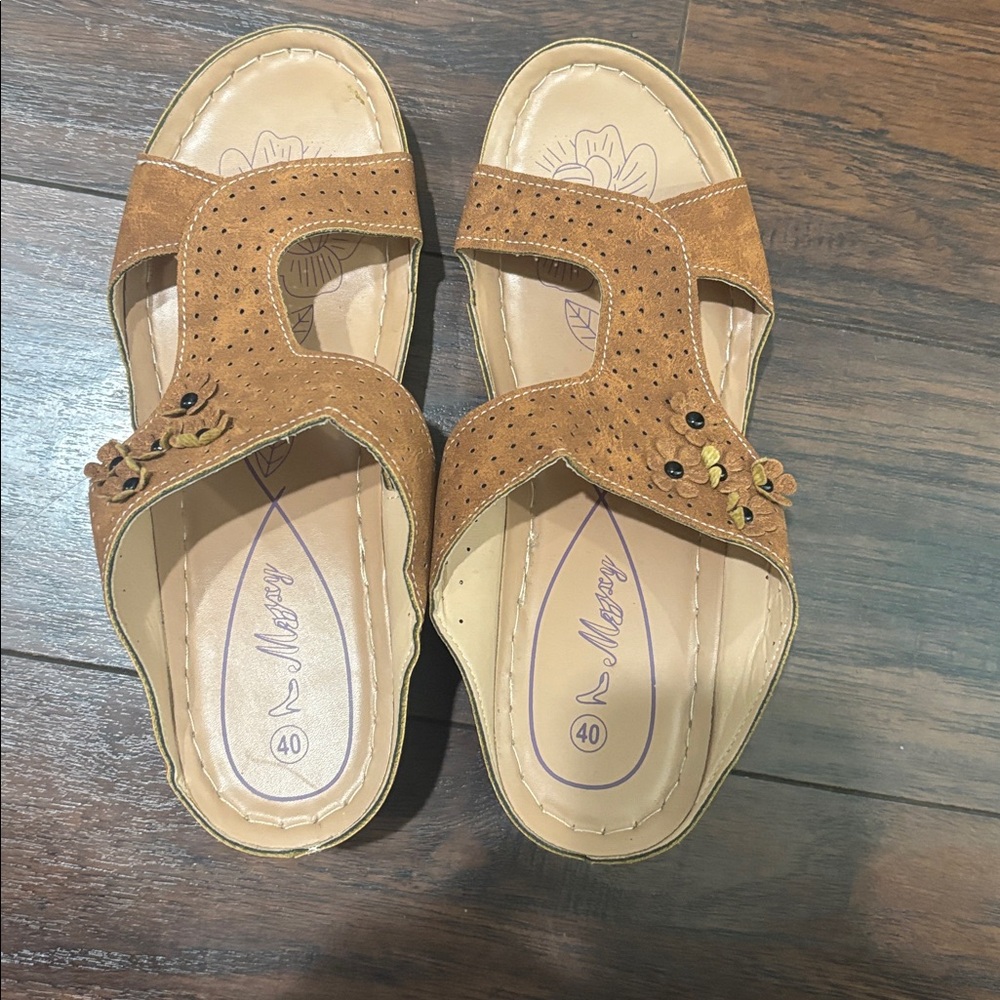 Tan Suede Sandals with Floral Details